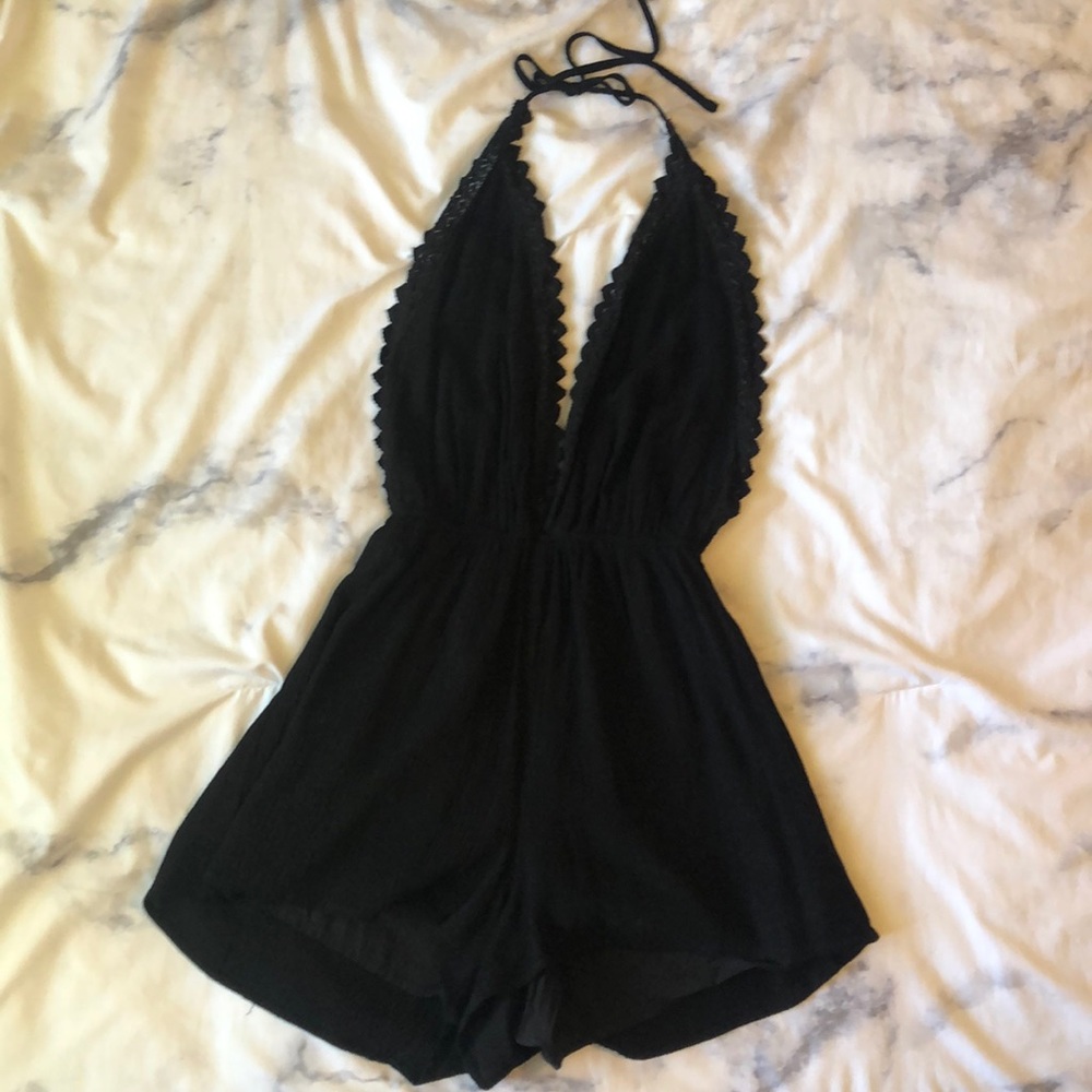 PacSun Black Halter Romper with Crochet Trim